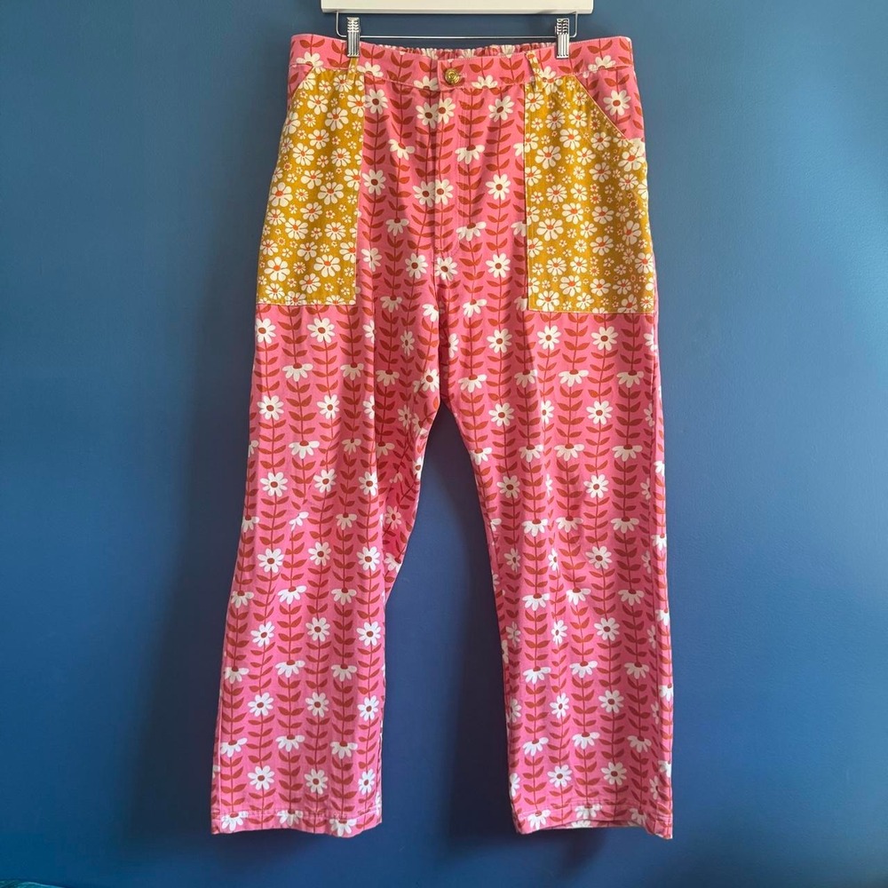 Big Bud Press Mismatch Work Pants Women's Size XL Daisy Floral Pink Yellow Retro